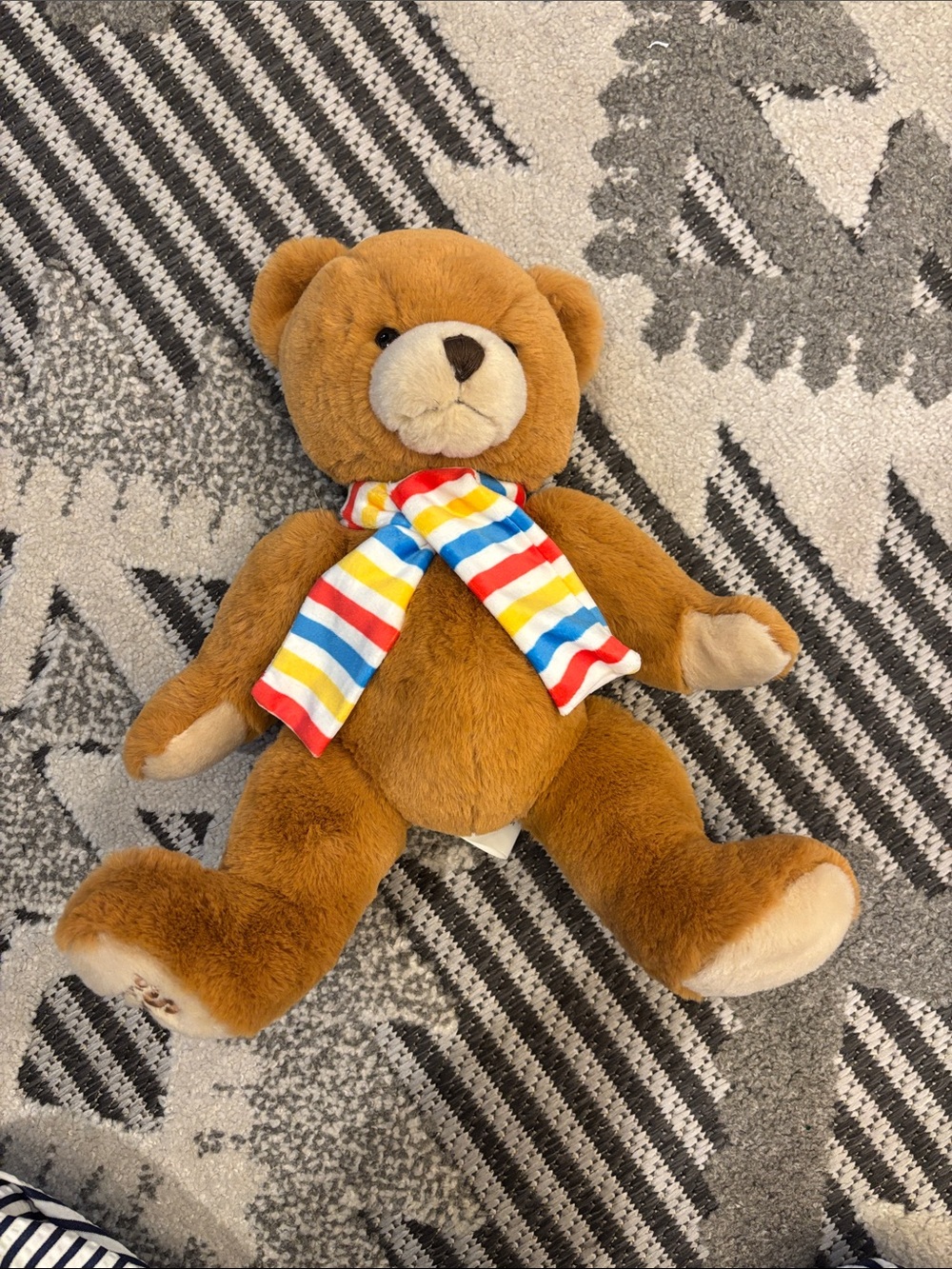 Classic Brown Plush Teddy Bear with Rainbow Striped Scarf - Kids Toy